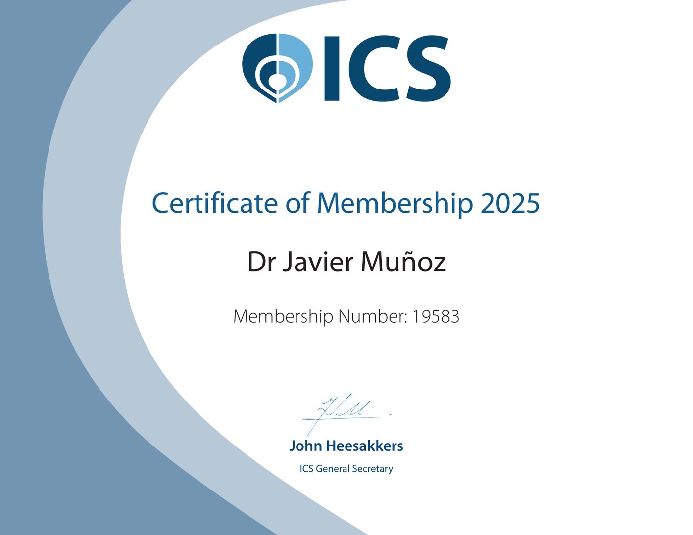 Certificado de membresía de la International Continence Society