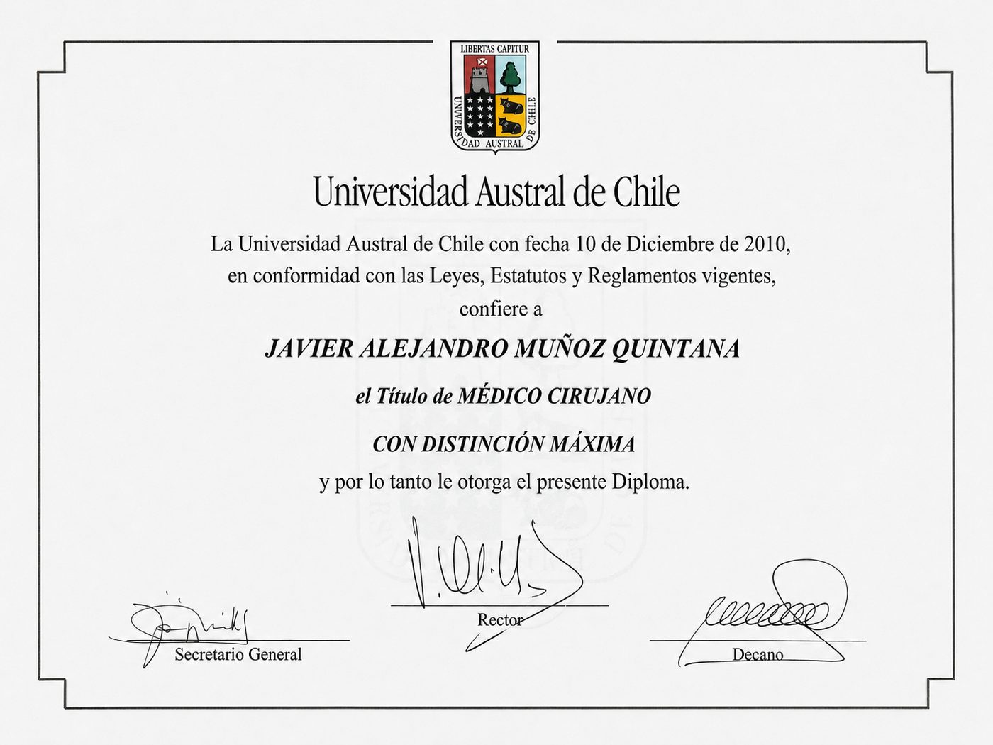 Diploma de Médico Cirujano, Universidad Austral de Chile