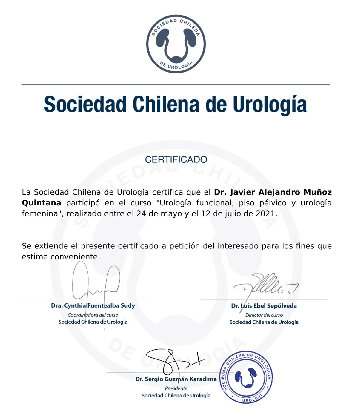 Certificado de la Sociedad Chilena de Urología en urología funcional, piso pélvico y urología femenina