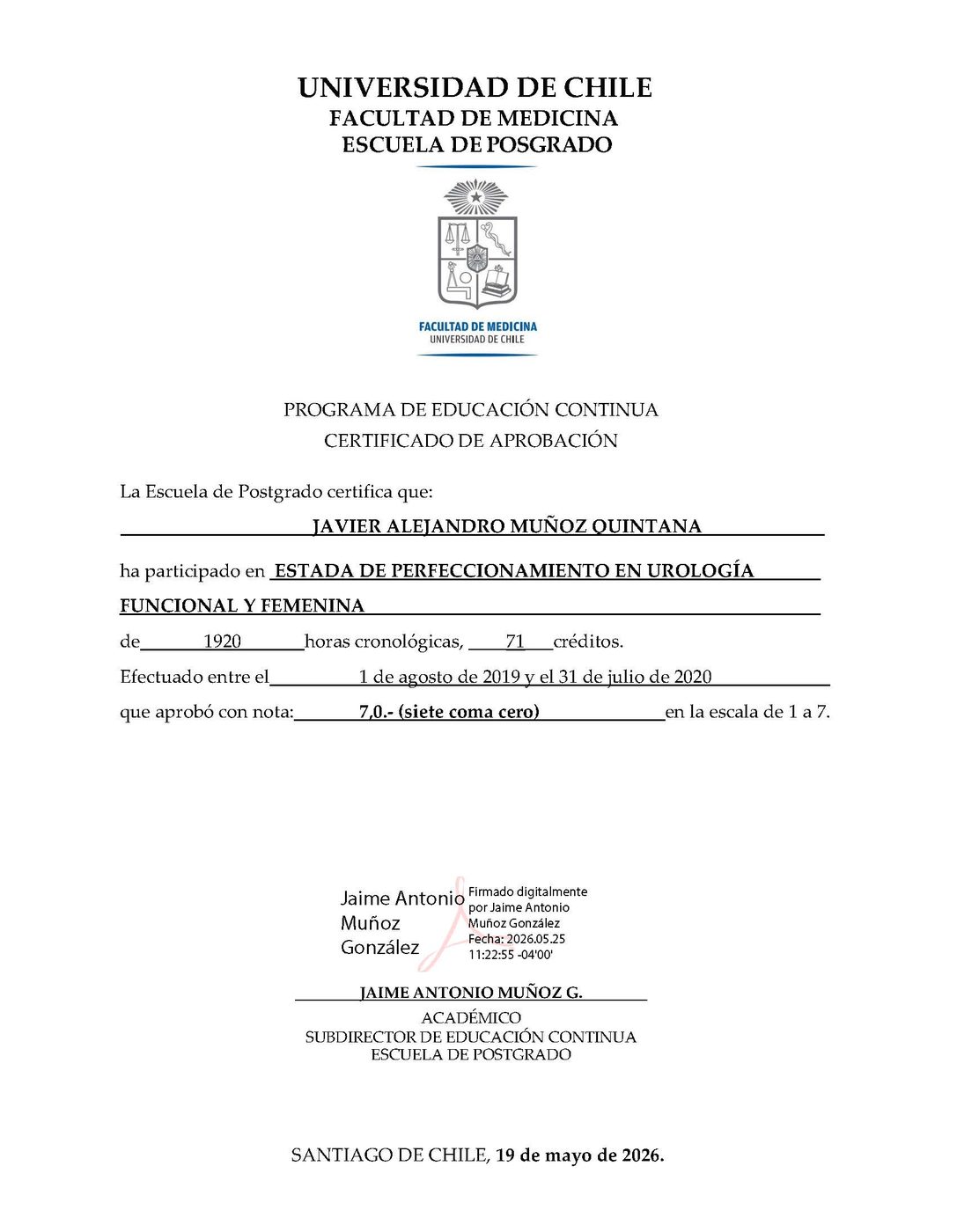 Certificado de estada de perfeccionamiento en Urología Funcional y Femenina, Universidad de Chile