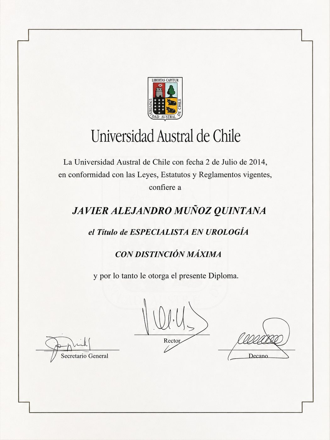 Diploma de Especialista en Urología, Universidad Austral de Chile