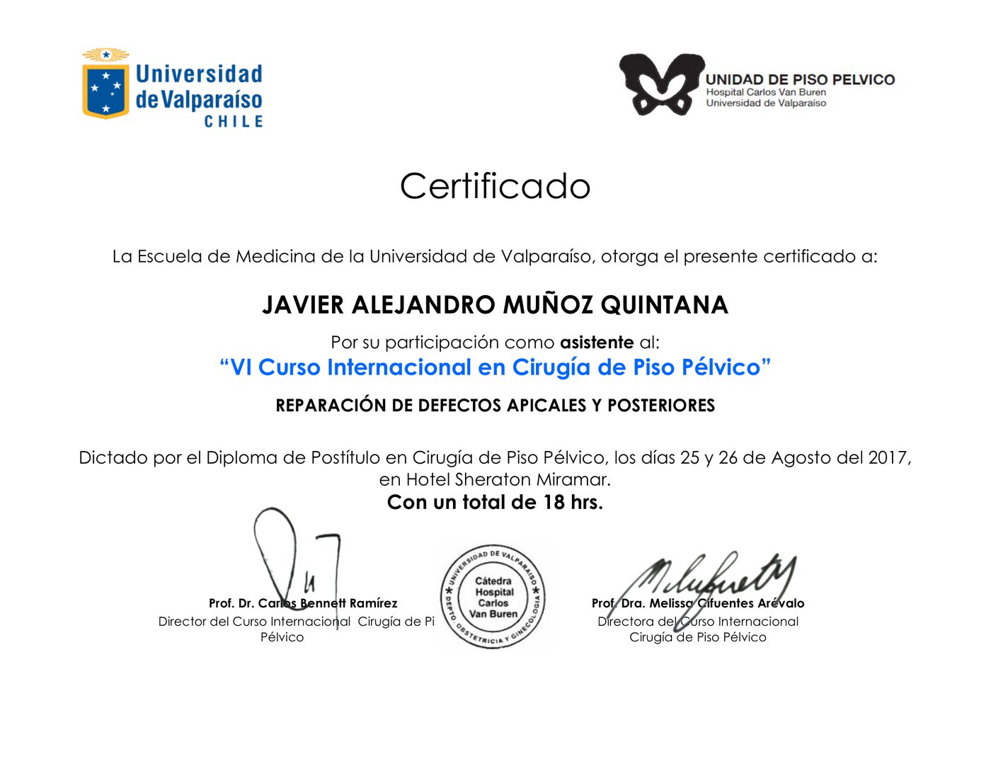 Certificado de formación en cirugía de piso pélvico, Universidad de Valparaíso